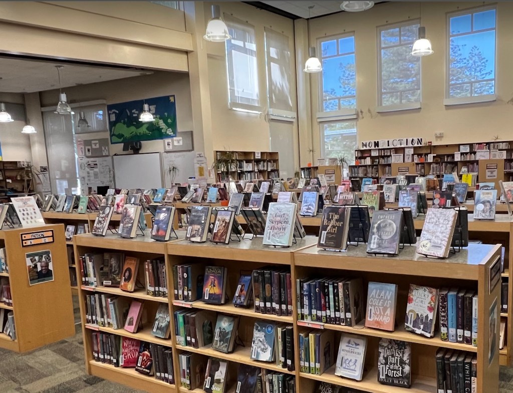 The photo shows the library after all of that rearranging from a similar angle. Fiction stacks in front, nonfiction along the wall in the back. 