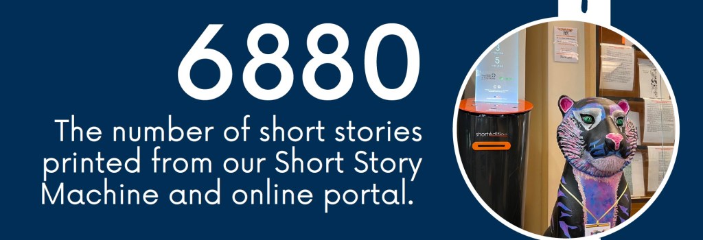 Image shows a photo of our short story machine and the purple and black striped painted tiger guarding it. The text on the image reads "6880 - The number of short stories printed from our Short Story Machine and online portal"