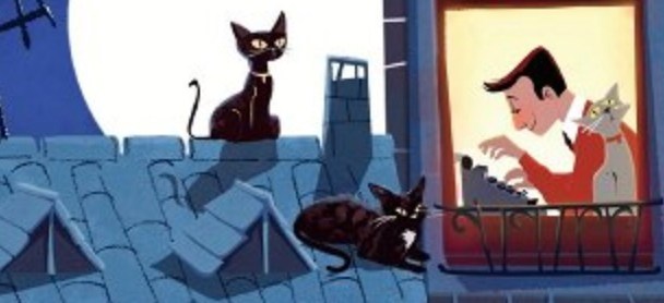 snippet of the book cover for The Cat Who Came in off the Roof focusing on the two cats on the rooftop watching a man and his cat type away on an article late into the night