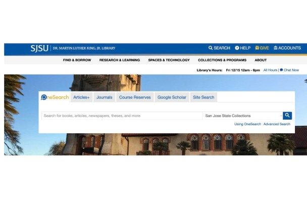 search bar overlaid on a photograph of the SJSU campus